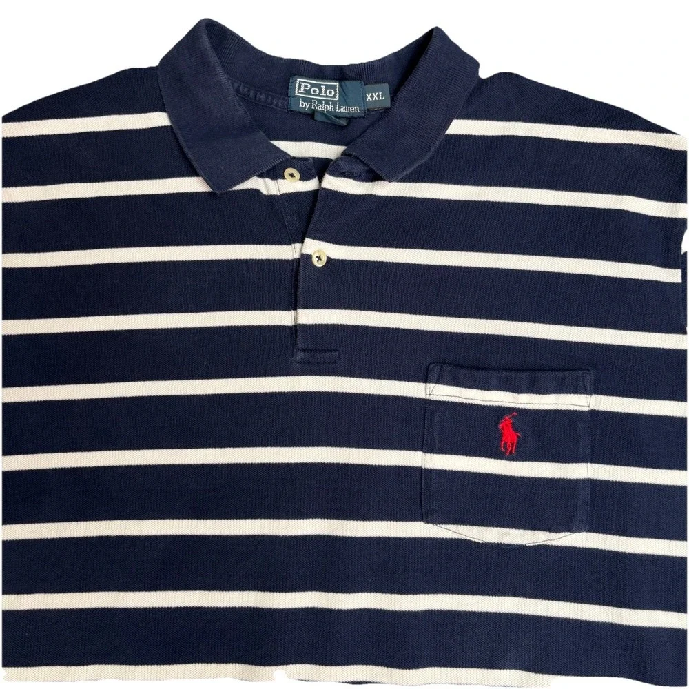Polo Ralph Lauren Men's XXL Navy/White Striped‎ Polo Shirt 100% Cotton Red Pony